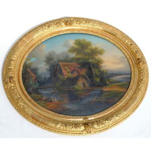 Peinture En Fixé Sous Verre époque Napoléon III , Paysage Champetre , Personnages à La Riviere