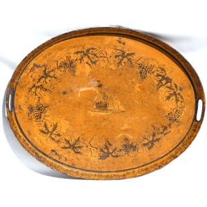 Serving Tray In Yellow Tole Mythological Decor, God Chronos Around 1820 19th Century Restoration