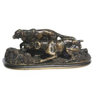 Group In Patinated Bronze, Dogs At Stop, Signed Pierre Jules Mene, Hunting, Animal Subject