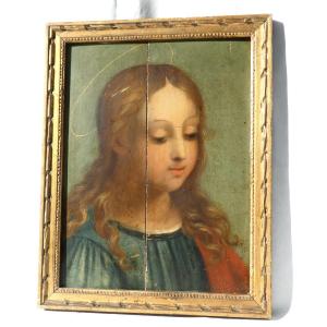 Oil On Wood Panel 19th Century Saint Character Portrait, Angel Gabriel, Virgin