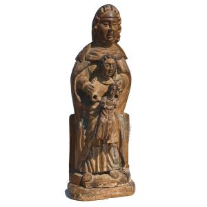 Large Saint Anne In Carved Wood, Religious Statue, Virgin And Child 18th Century, Jesus