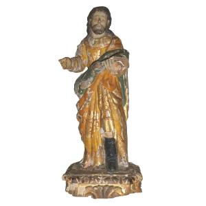 Polychrome Statue In Gilded Wood, 18th Century Period, Jesus, Saint Figure With Cushion