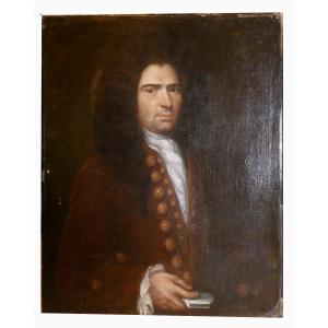 Oil On Canvas, 18th Century, Portrait Of A Man With A Snuffbox, Wig, Circa 1700 