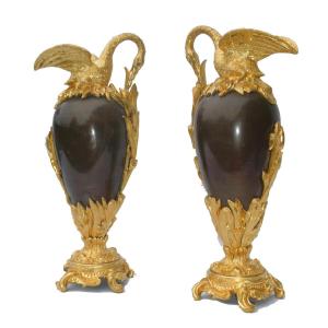 Paire De Cassolettes En Bronze Doré , époque Napoléon III Aiguieres XIXe , Cygne Style Empire