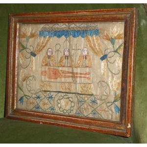 Broderie Religieuse Sur Soie Vers 1700 XVIIIe , Saint Suaire De Besançon , Reliquaire , Tableau