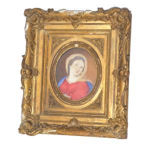 Religious Gouache, 18th Century, Holy Virgin, Napoleon III Gilded Stucco Frame