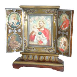 Religious Triptych, Gouaches, 19th Century Miniatures, Saint Charles Borromeo, Joseph, Christopher