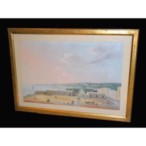 Large Neapolitan Gouache Circa 1830, 19th Century, View Of Naples, Seaside, Gilded Wooden Frame