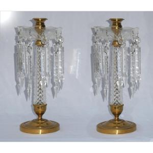 Large Pair Of Crystal & Gilt Bronze Candlesticks / Candlesticks, Charles X Style, Le Creusot 