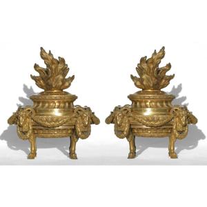 Pair Of Fire Pots, Napoleon III Period, Gilt Bronze, Louis XVI Style, 18th Century, Ram's Head