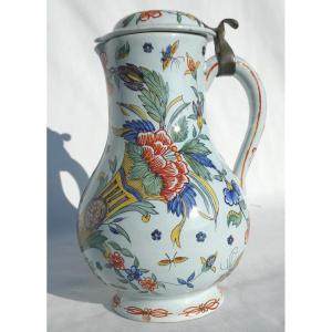 Large Covered Pot, Hot Water Pitcher In Rouen Earthenware, 18th Century, Polychrome Butterfly Decor