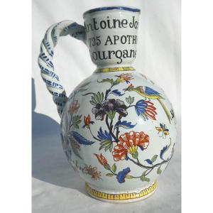 Patronymic Cider Pitcher, Rouen 19th Century, Bird Decor, Apothecary, Polychrome Earthenware