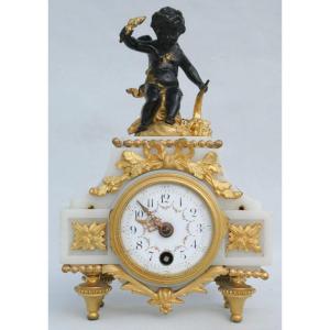 Pendulum / Cartel Clock In White Carrara Marble & Gilt Bronze, Louis XVI Style, Napoleon III 