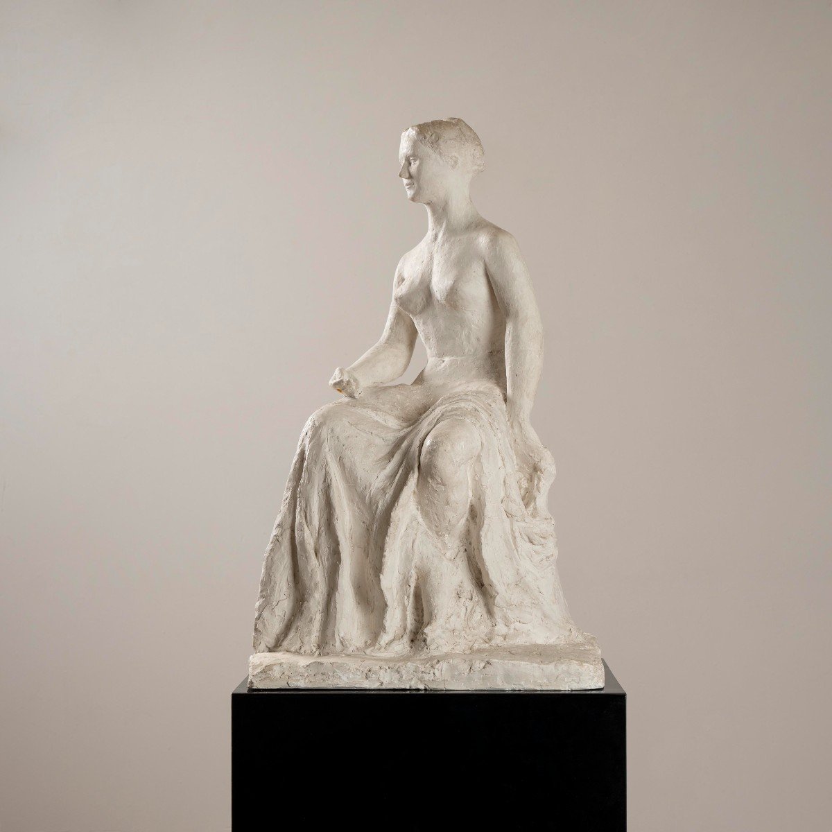 Gertrude Bret, Sculpture De Femme Assise, Plâtre, France, Circa 1935-photo-2