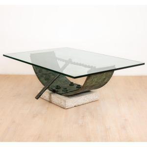 Table Basse Valenti à Barcelone En Verre Bronze Et Travertin