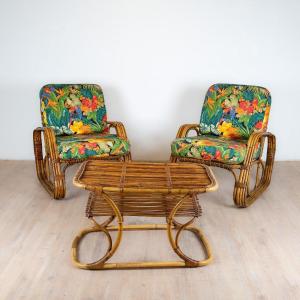 Paire De Fauteuil Italien et table En Rotin, Tissu Tropical Des Années 70