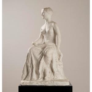 Gertrude Bret, Sculpture De Femme Assise, Plâtre, France, Circa 1935