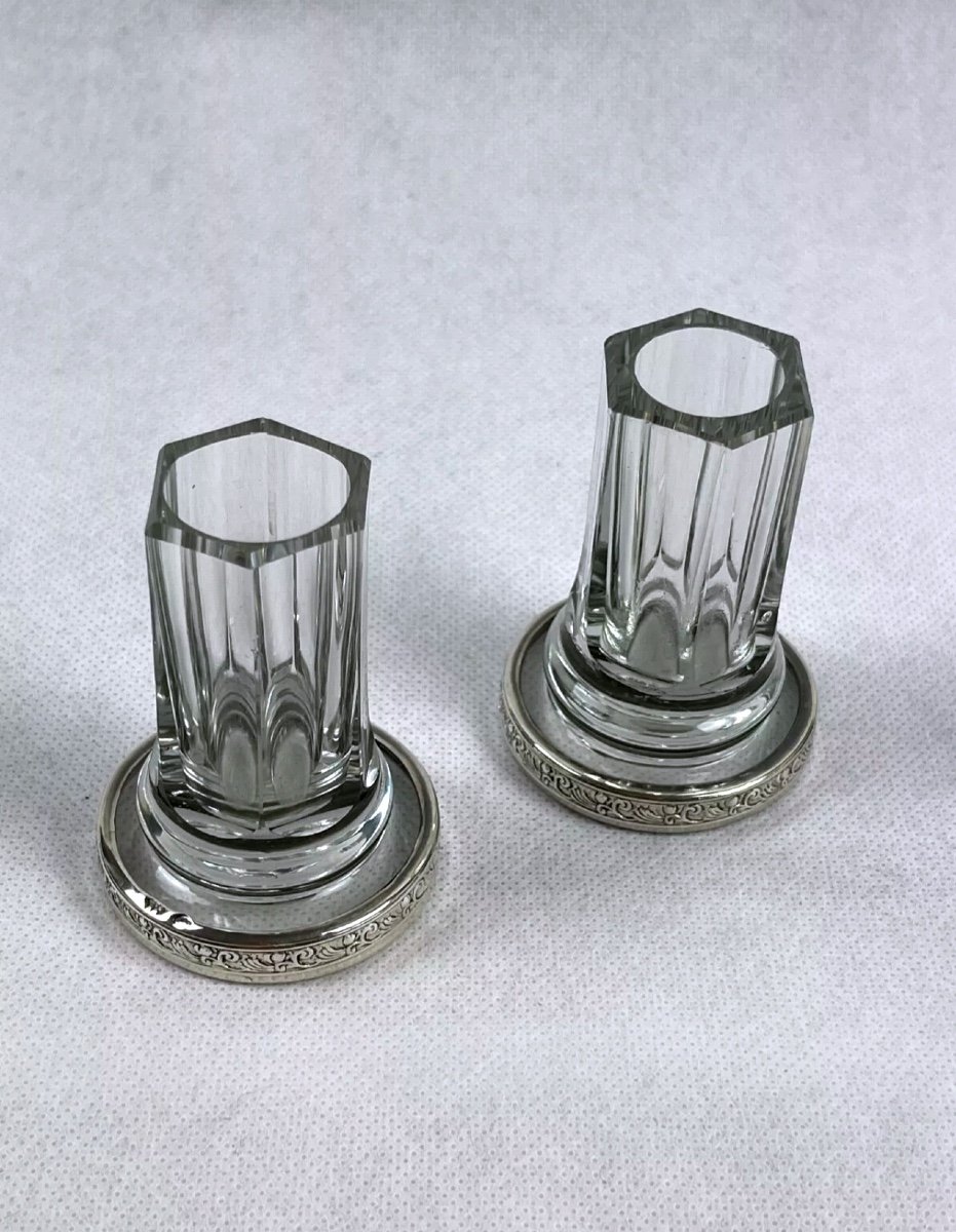 Pair Of Toothpick Holders, Crystal And Spanish Silver Pick Holders-photo-2