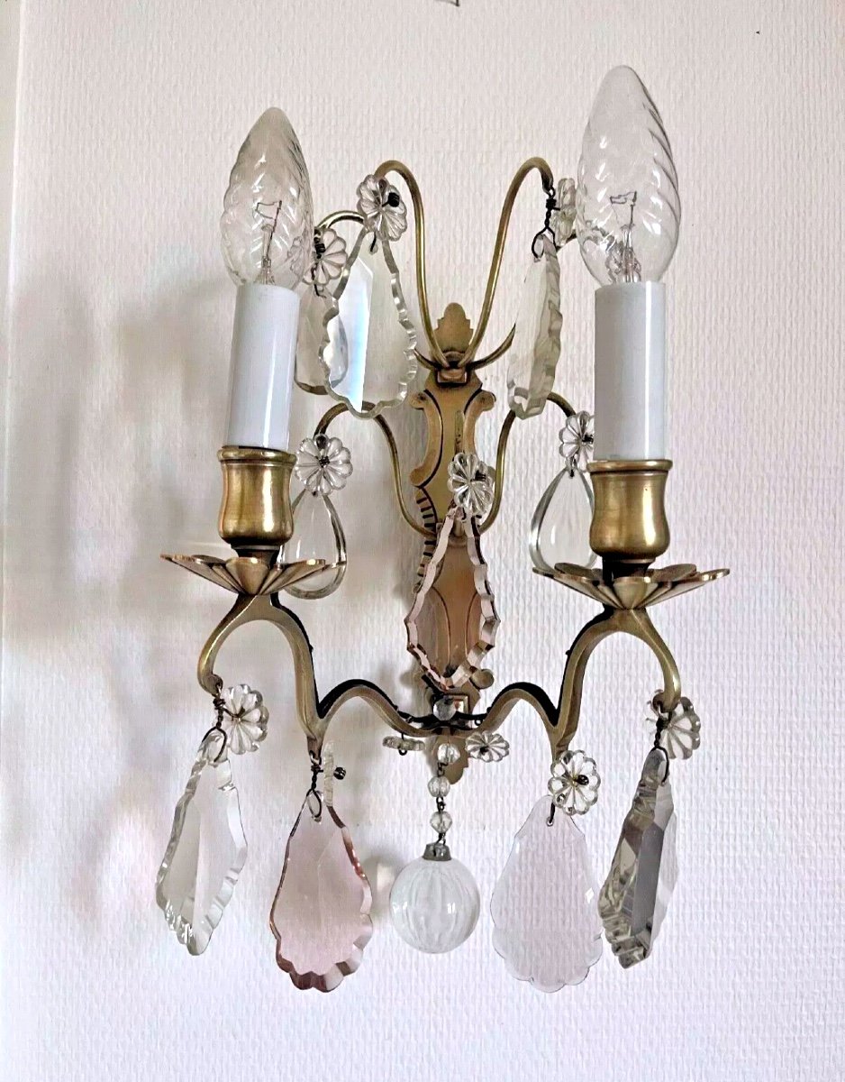 Beautiful Pair Of Bronze Sconces, Crystal Tassels-photo-2