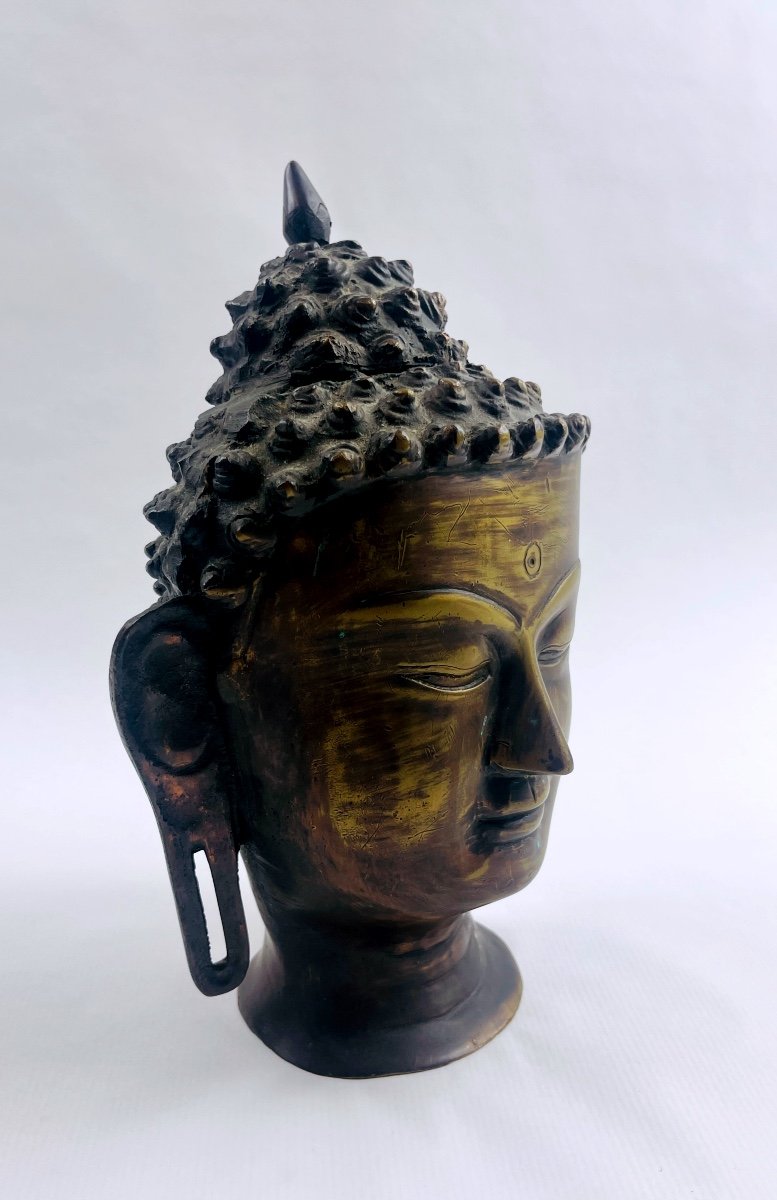 Grande Tête De Bouddha En Bronze-photo-2