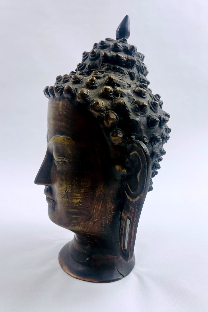 Grande Tête De Bouddha En Bronze-photo-3