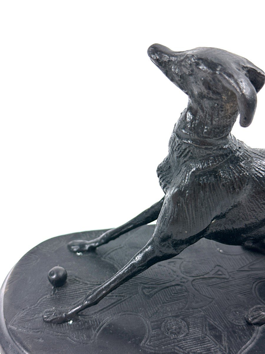 Greyhound Playing Ball - Pierre Jules Mene (1810-1879) (after) - Bronze With Black Patina-photo-1