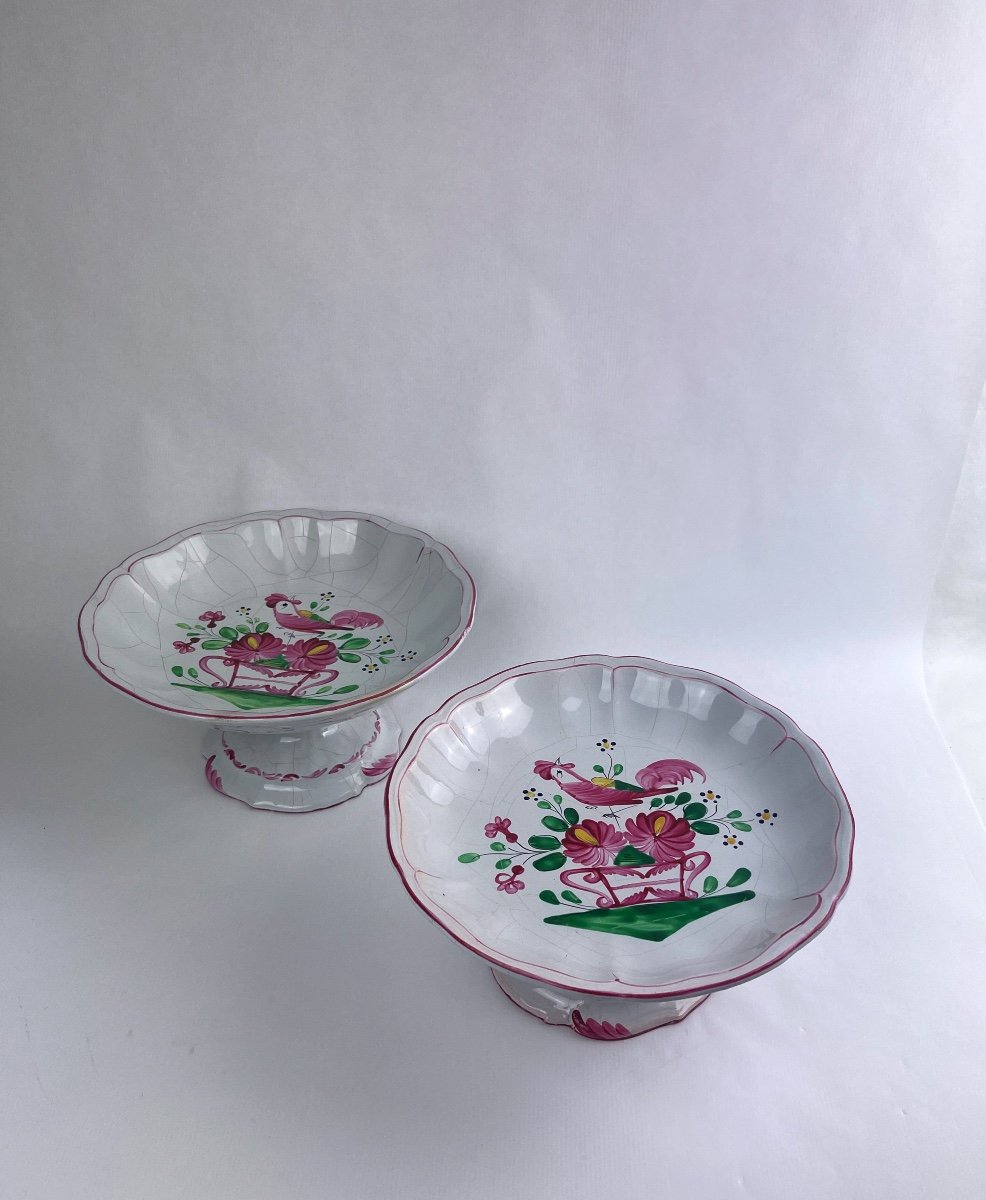 Pair Of Saint Clément Earthenware Compote Bowls, Rooster On Flowered Basket