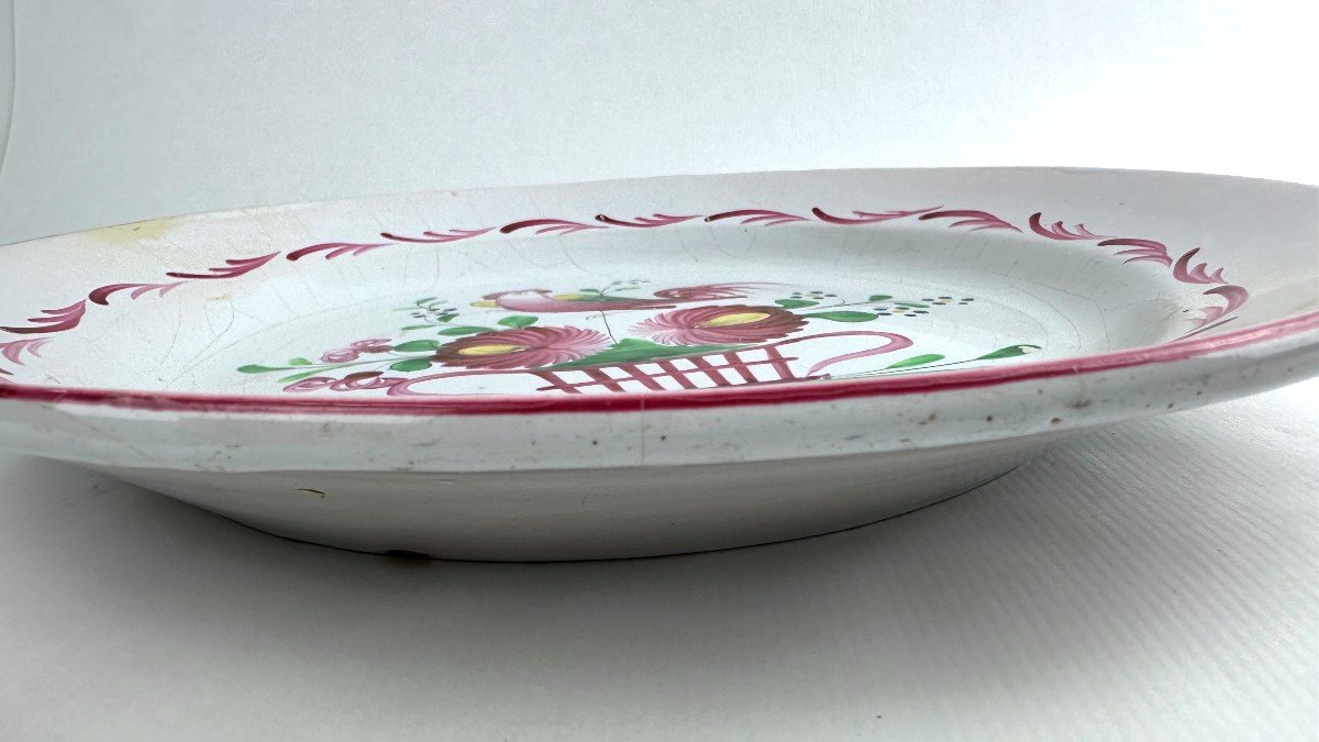 Large Earthenware Dish From St Clément, Rooster On Flowered Basket-photo-3