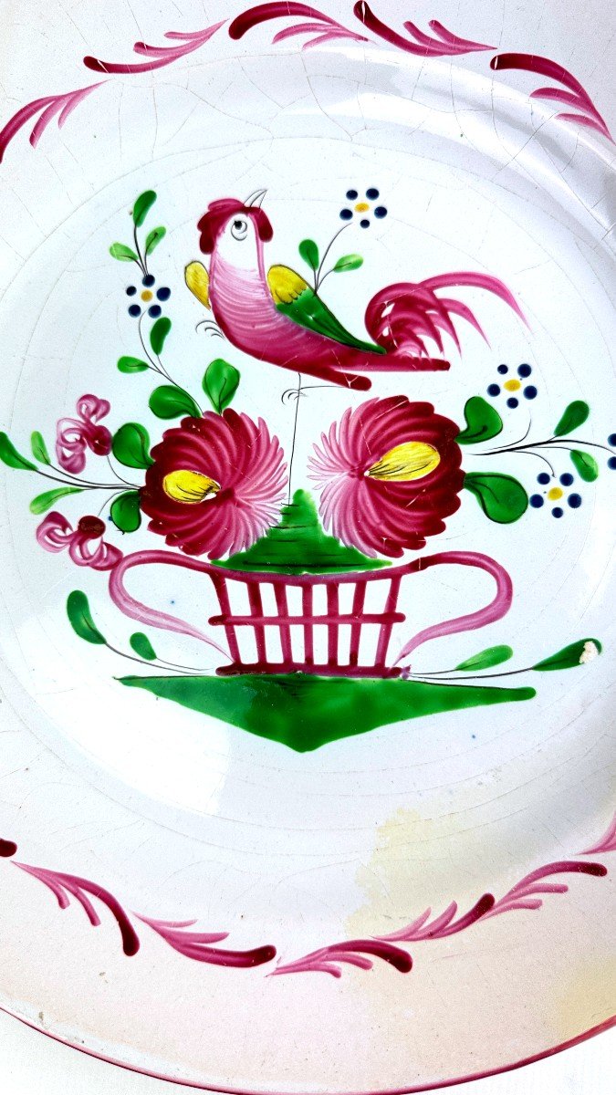 Large Earthenware Dish From St Clément, Rooster On Flowered Basket-photo-2