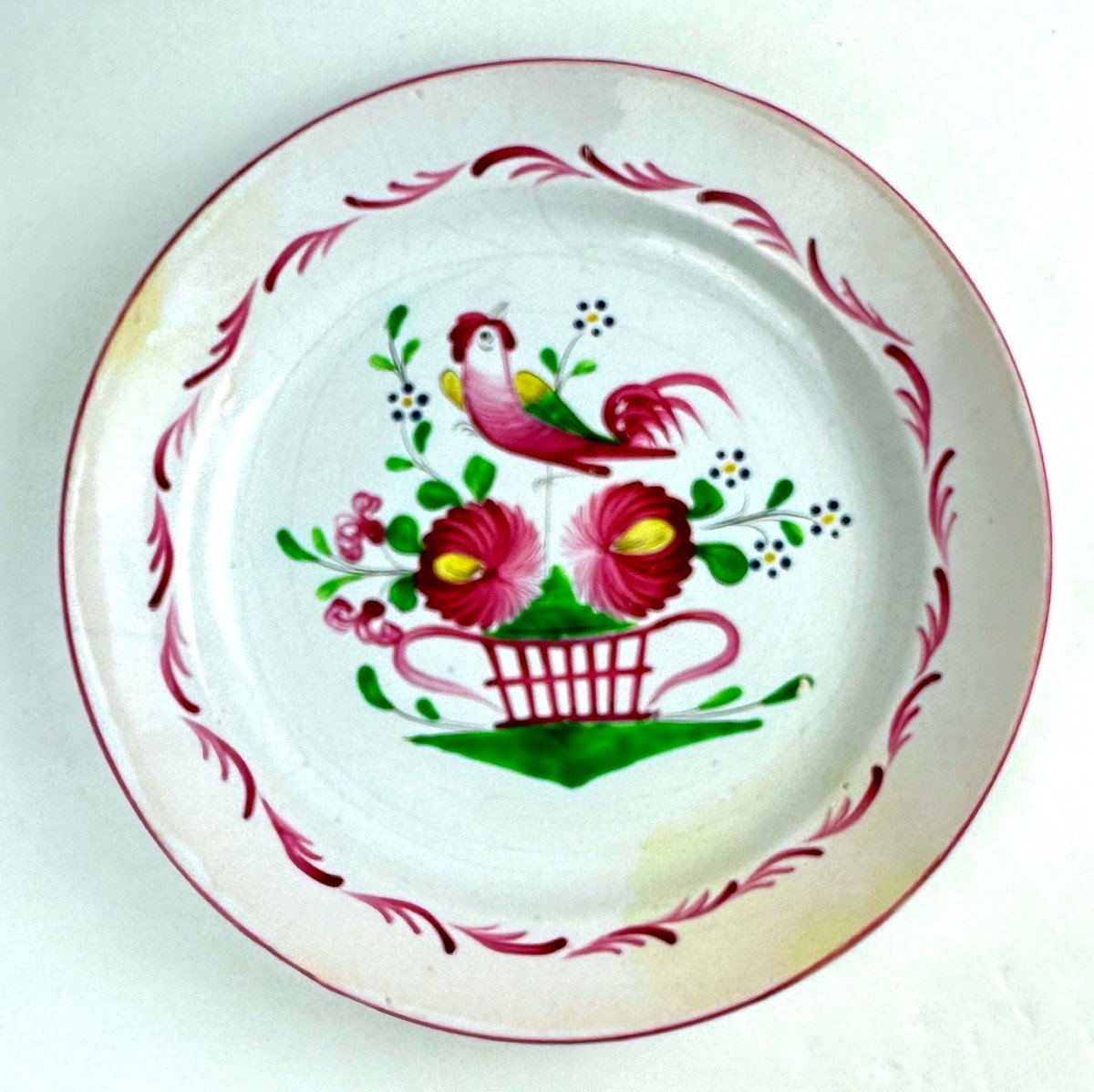 Large Earthenware Dish From St Clément, Rooster On Flowered Basket