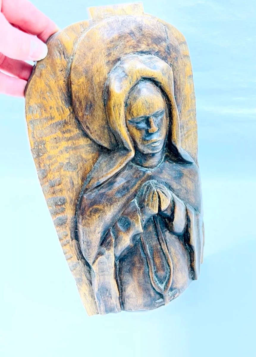 Icone En Bois Sculpté, Vierge En Prière-photo-2