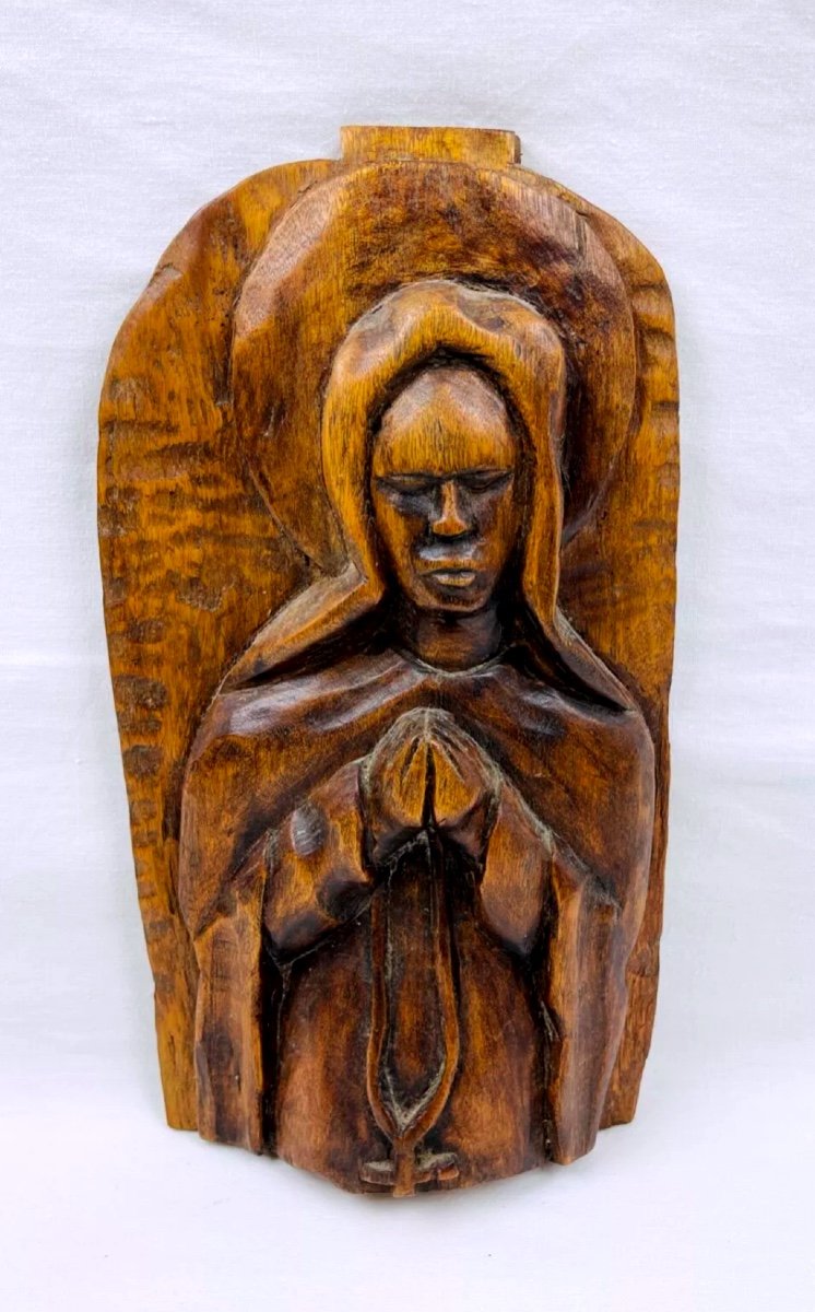 Icone En Bois Sculpté, Vierge En Prière