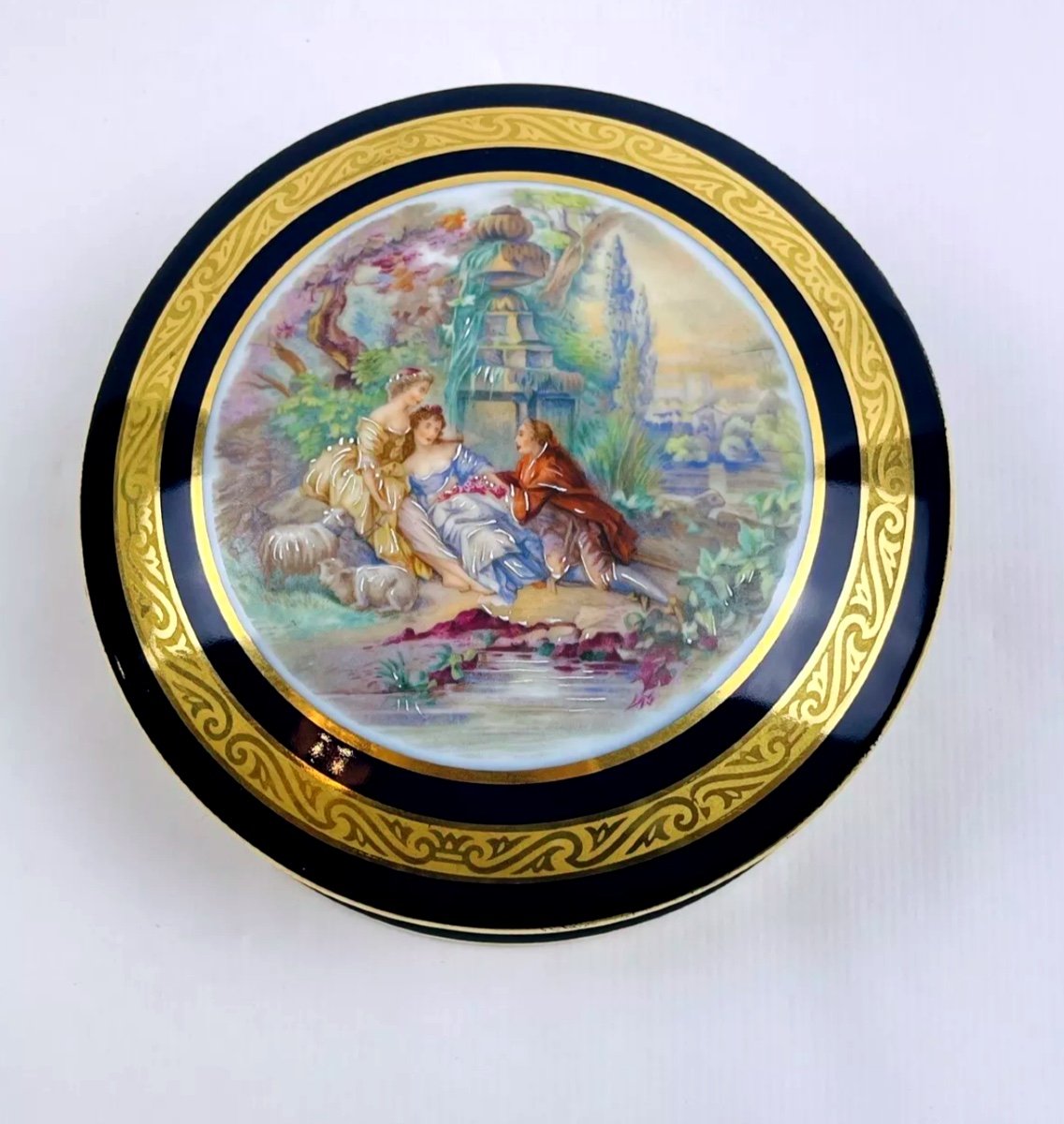 Large Limoges Porcelain Candy Box, Blue Oven, Gallant Scene