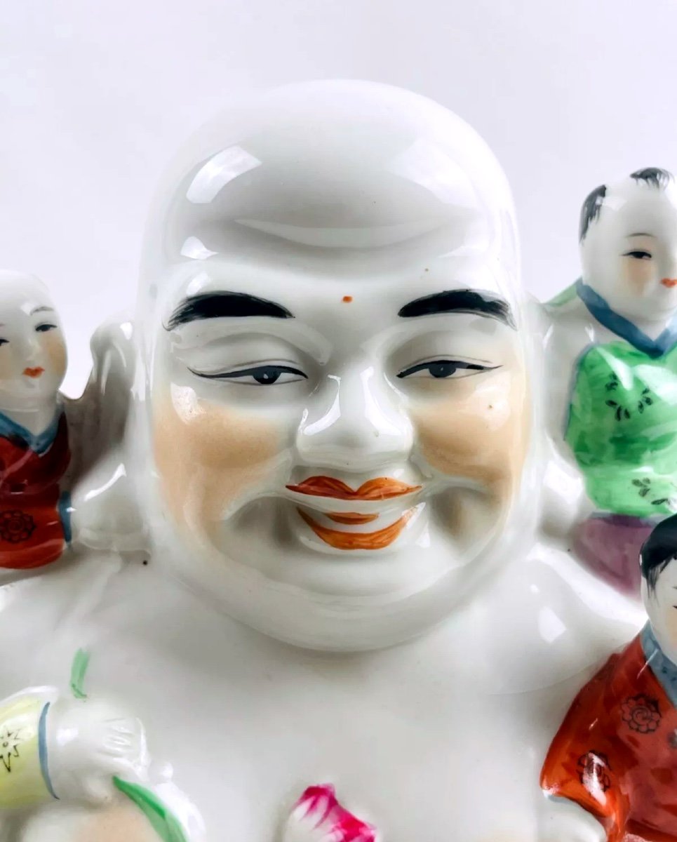 Antique Large Laughing Buddha In Chinese Porcelain, Putaï-photo-4