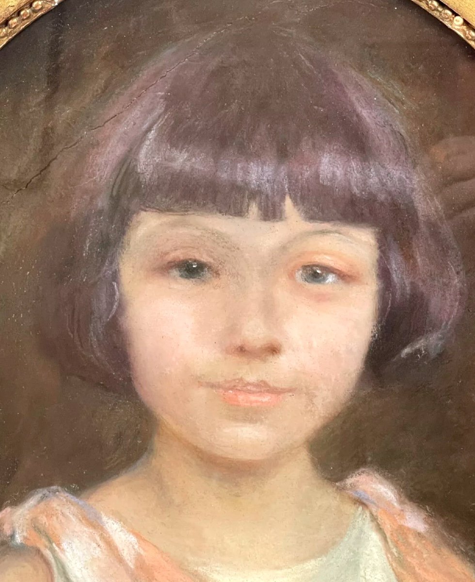 Pastel Jeune Fille à La Robe Blanche Et Rose Daté De 1921-photo-2