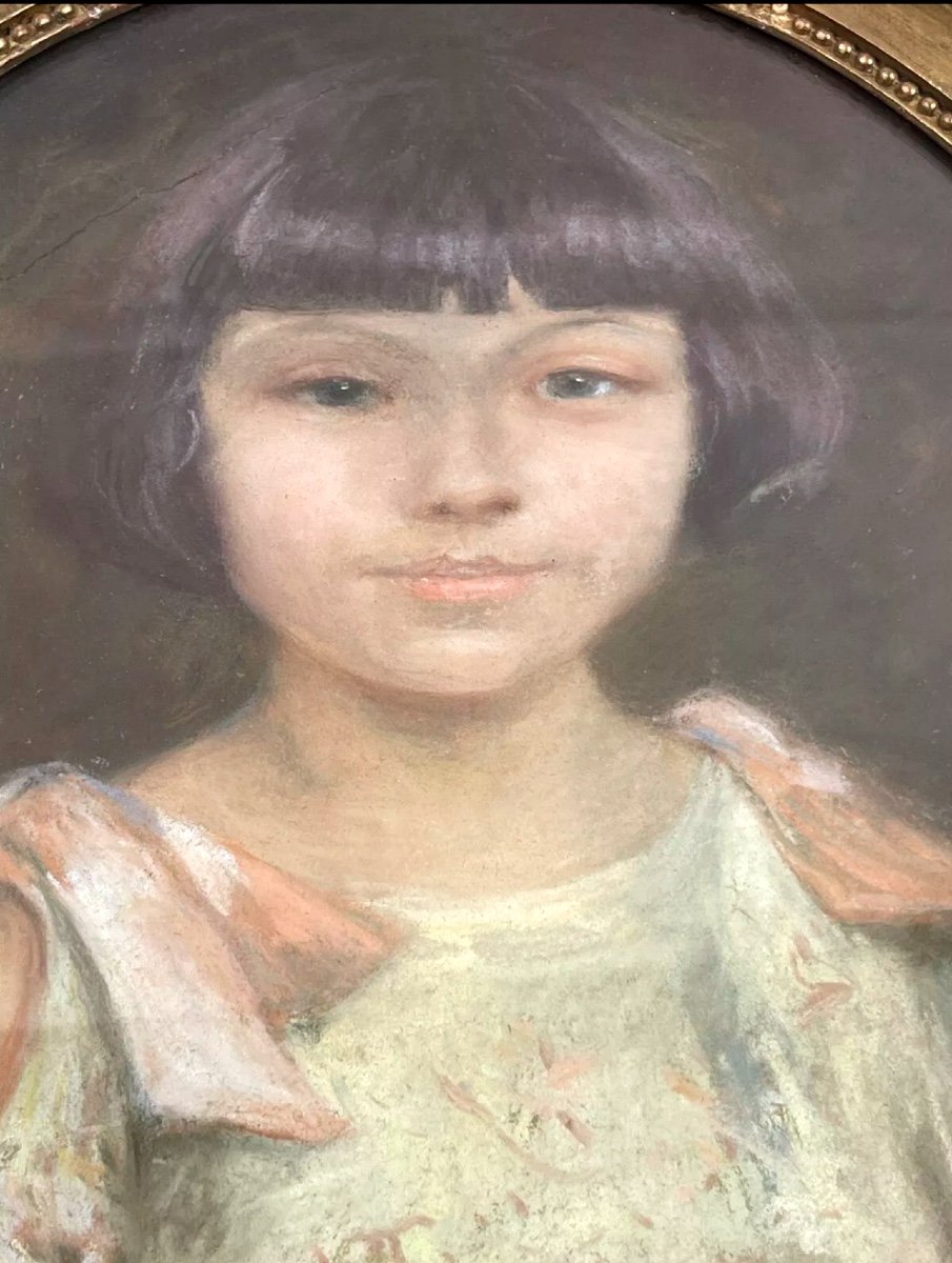 Pastel Jeune Fille à La Robe Blanche Et Rose Daté De 1921-photo-3