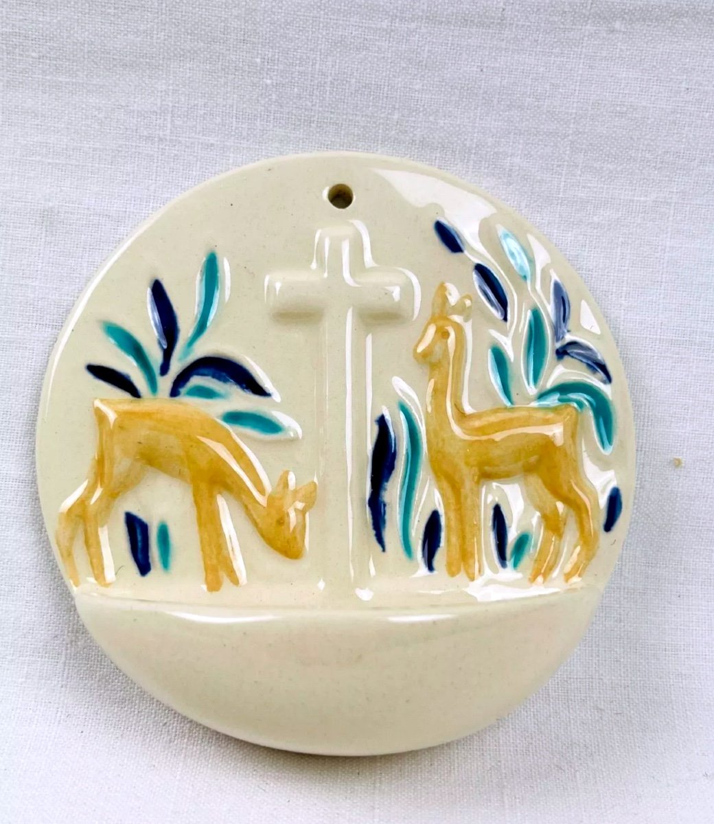 Small Bedside Holy Water Font In Desvres Earthenware 