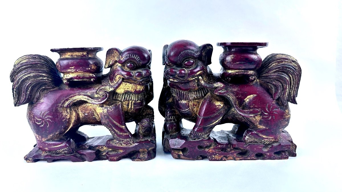 Pair Of Carved Wooden Foo Dogs 