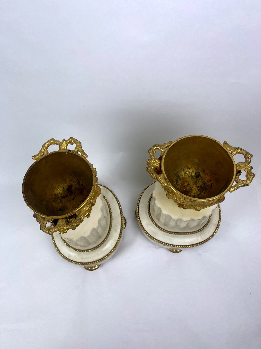 Pair Of Gilt Bronze And White Marble Cassolettes-photo-3