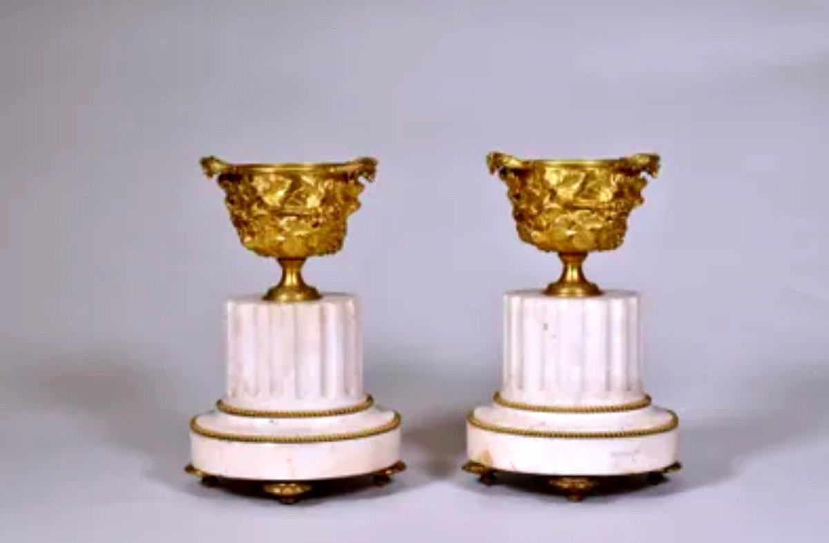 Pair Of Gilt Bronze And White Marble Cassolettes