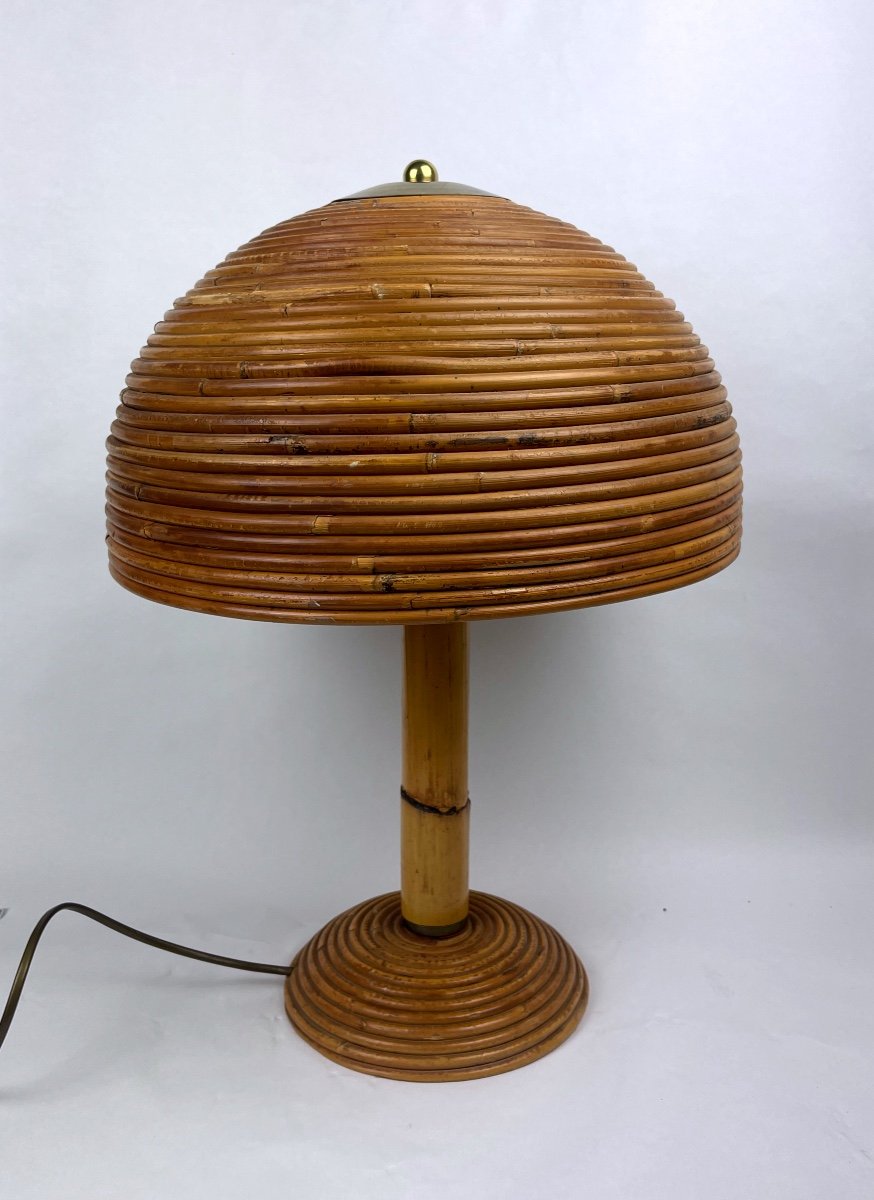 Mushroom Lamp In Rattan, Bamboo And Brass-photo-2