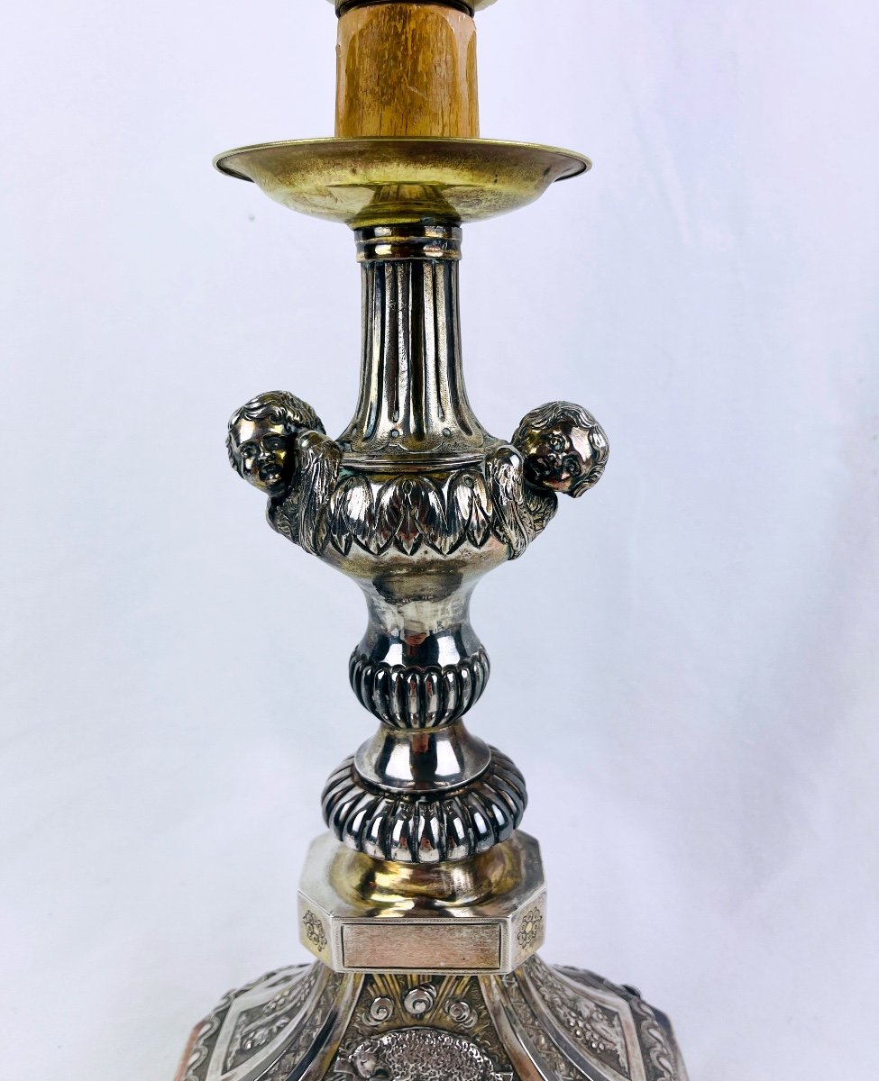 Silver Seraphim Decorated Candlestick Mounted As A Lamp-photo-2