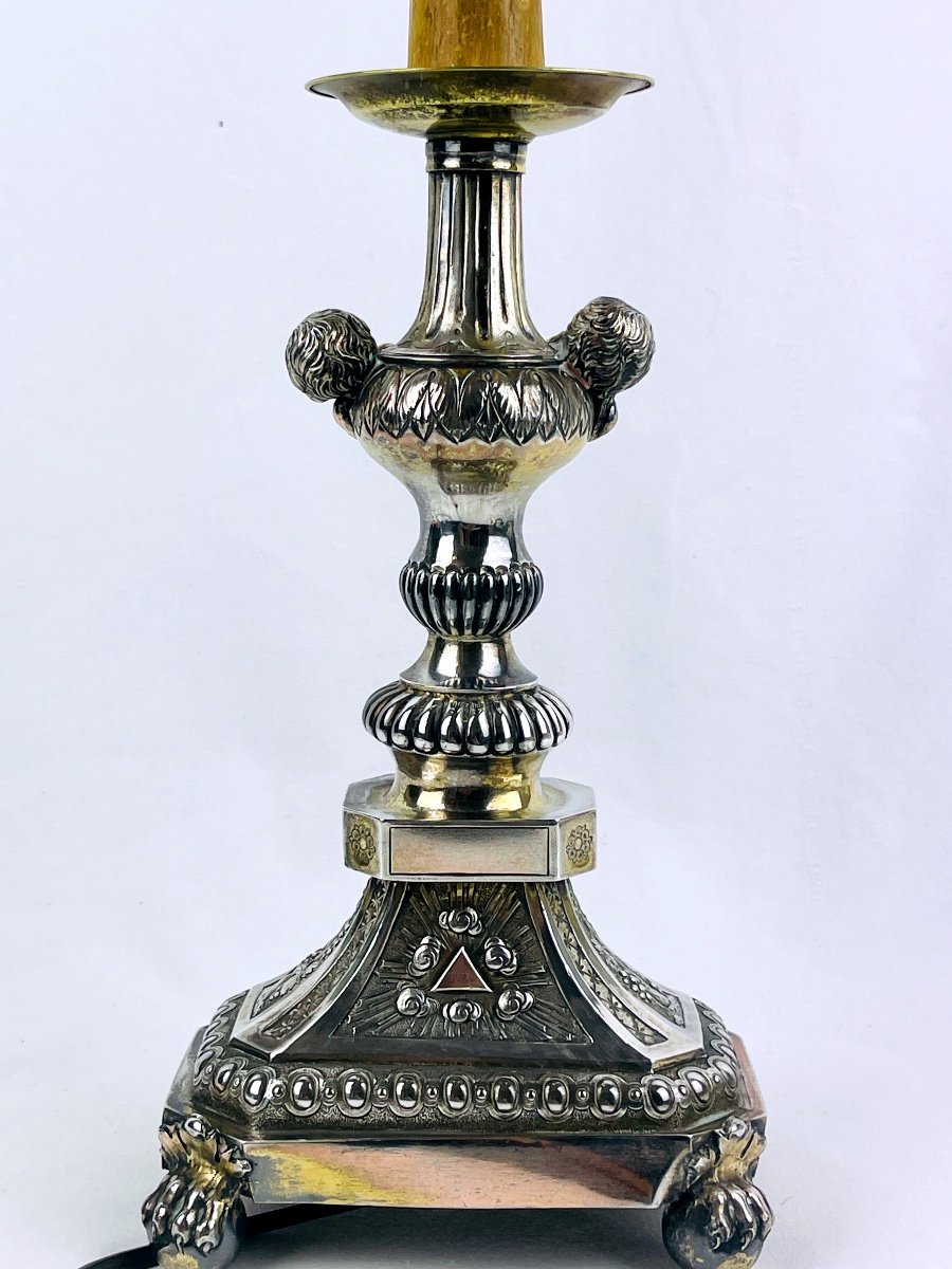 Silver Seraphim Decorated Candlestick Mounted As A Lamp-photo-3