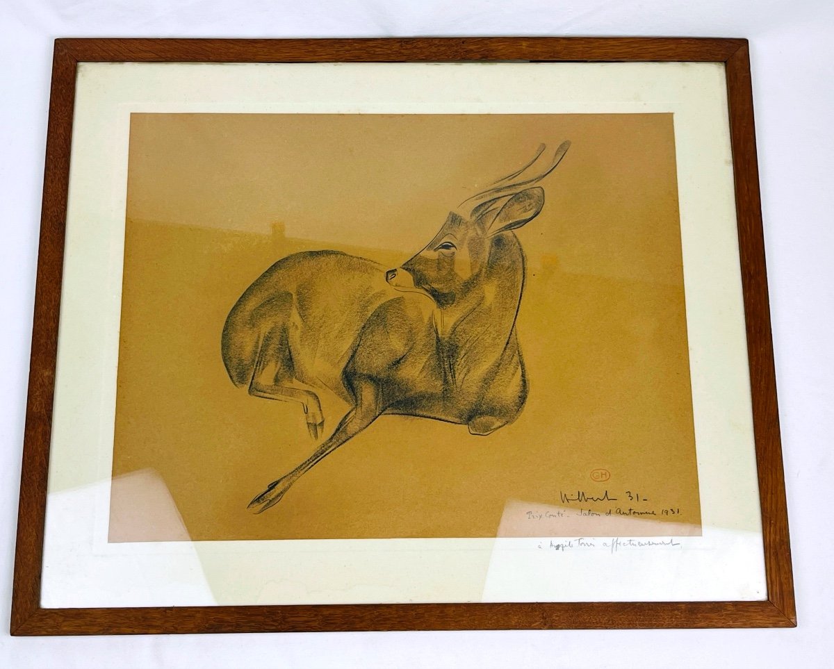 Charcoal Drawing By Georges Hilbert, Antelope Salon d'Automne 1931-photo-2