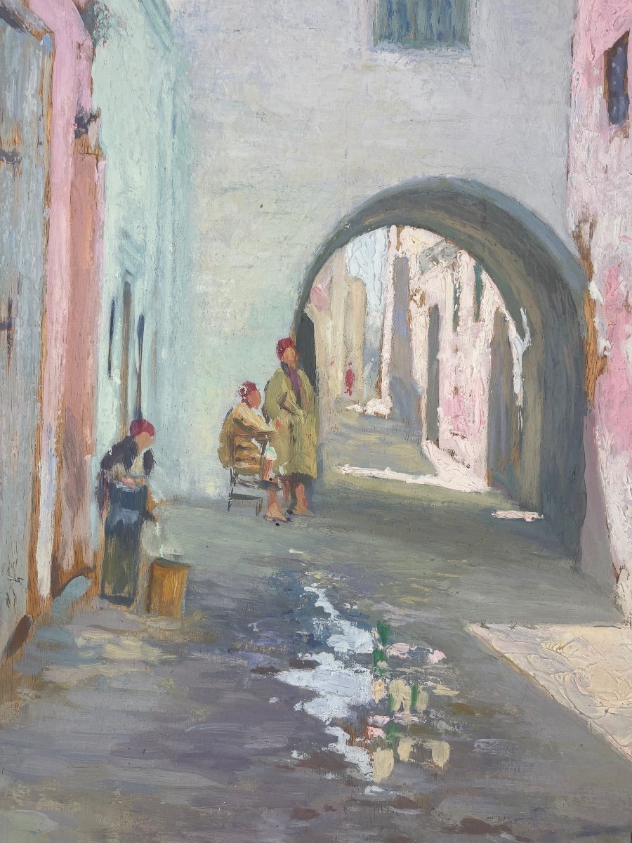 Paolo Antoine Simoni, Ruelle Animée à Tunis, Huile Sur Panneau 1935-photo-2