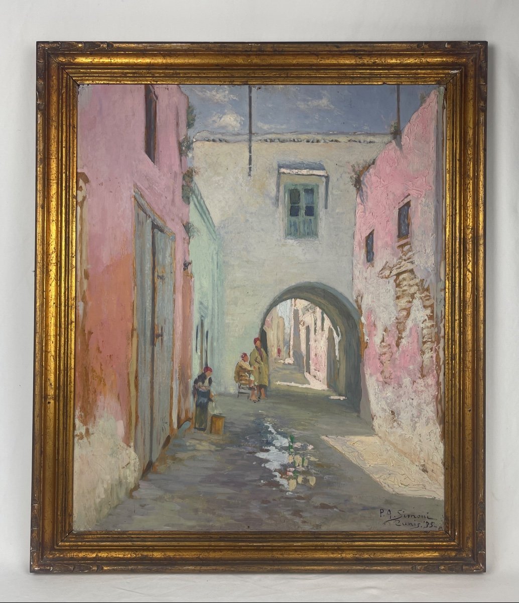 Paolo Antoine Simoni, Ruelle Animée à Tunis, Huile Sur Panneau 1935