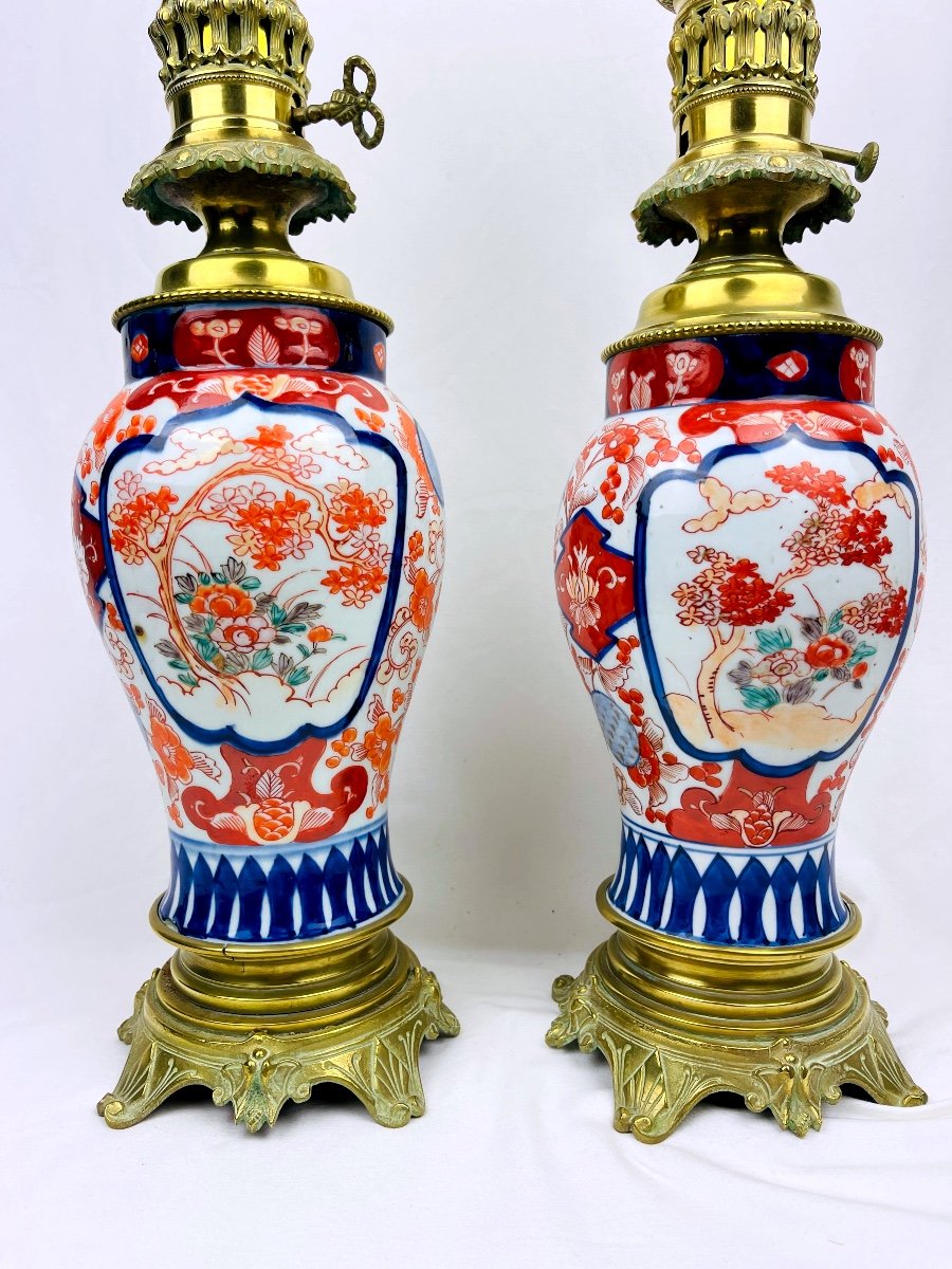 Ancienne Paire De Lampe En Porcelaine Imari-photo-4