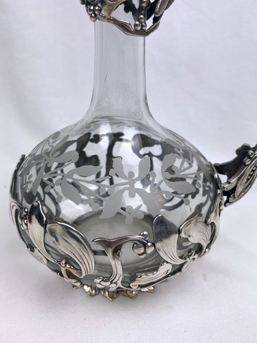 Cut Glass Ewer With Mistletoe Decor, Silver Metal Frame-photo-2