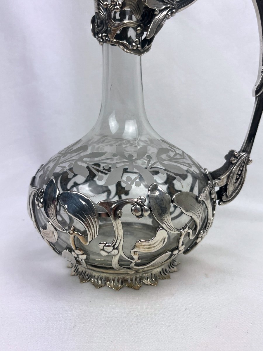 Cut Glass Ewer With Mistletoe Decor, Silver Metal Frame-photo-3