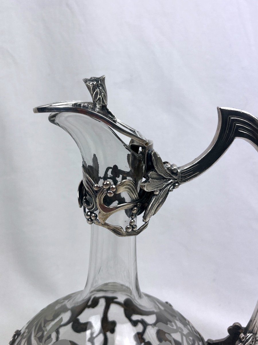 Cut Glass Ewer With Mistletoe Decor, Silver Metal Frame-photo-4